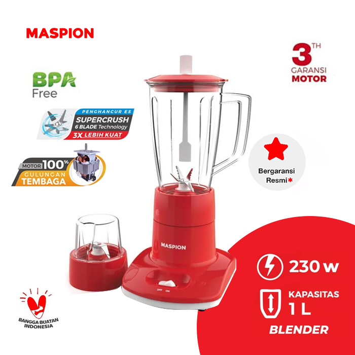 Maspion Blender Plastik Anti Pecah 2in1 1 Liter - MT1262PL | MT-1262 PL - Merah